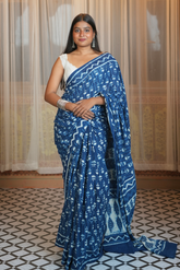 Indigo Hand Block Printed Cotton Saree