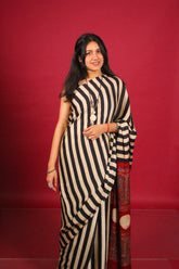 Beige & Black Stripe Fusion Ajrakh Silk Saree