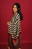 Beige & Black Stripe Fusion Ajrakh Silk Saree