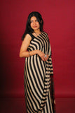 Beige & Black Stripe Fusion Ajrakh Silk Saree