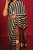 Beige & Black Stripe Fusion Ajrakh Silk Saree