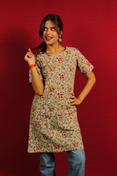 Beige Kalamkari A-Line Short Kurti