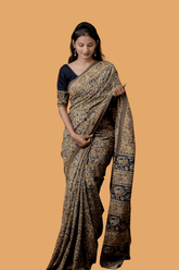 Rust Red and Indigo kalamkari Cotton Saree