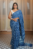 Indigo Hand Block Printed Cotton Saree