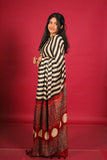 Beige & Black Stripe Fusion Ajrakh Silk Saree