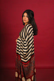 Beige & Black Stripe Fusion Ajrakh Silk Saree
