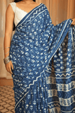 Indigo Hand Block Printed Cotton Saree