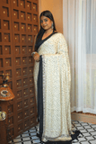 Off-White Hand Block Modal Silk Saree with Mirror Detailing