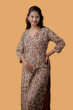 Beige V-Neck Kalamkari Long Kurti